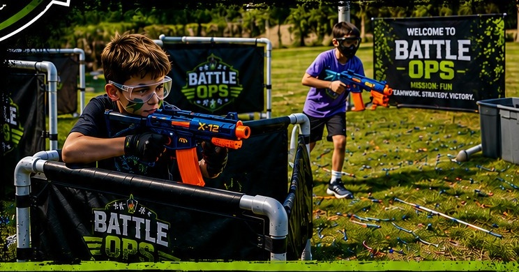 Two kids aiming Nerf blasters behind branded Battle Ops barriers at a park party